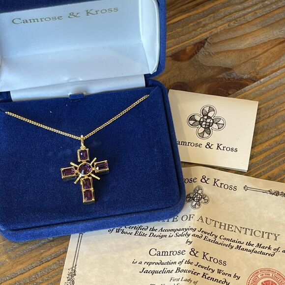 Camrose & Kross JBK Purple Rhinestone Reversible Cross Goldtone COA Original Box - Picture 9 of 10
